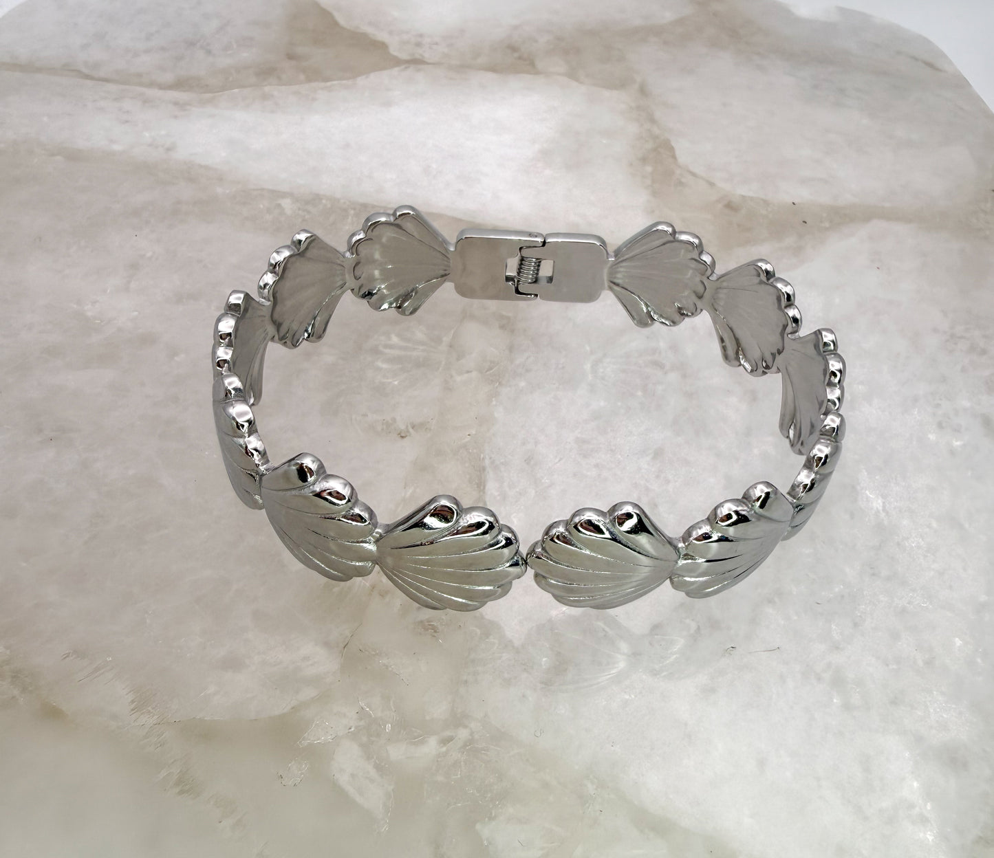 Open Front Silver Stainless Steel Sea Shell Bangle Bracelet