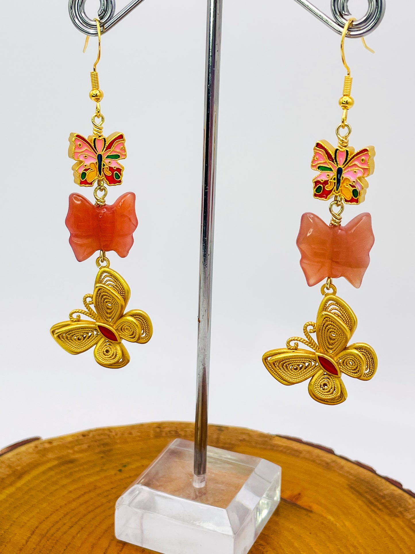 Triple Transformation Butterfly Earrings with Natural YanYuan Agate Butterfly Craved Beads