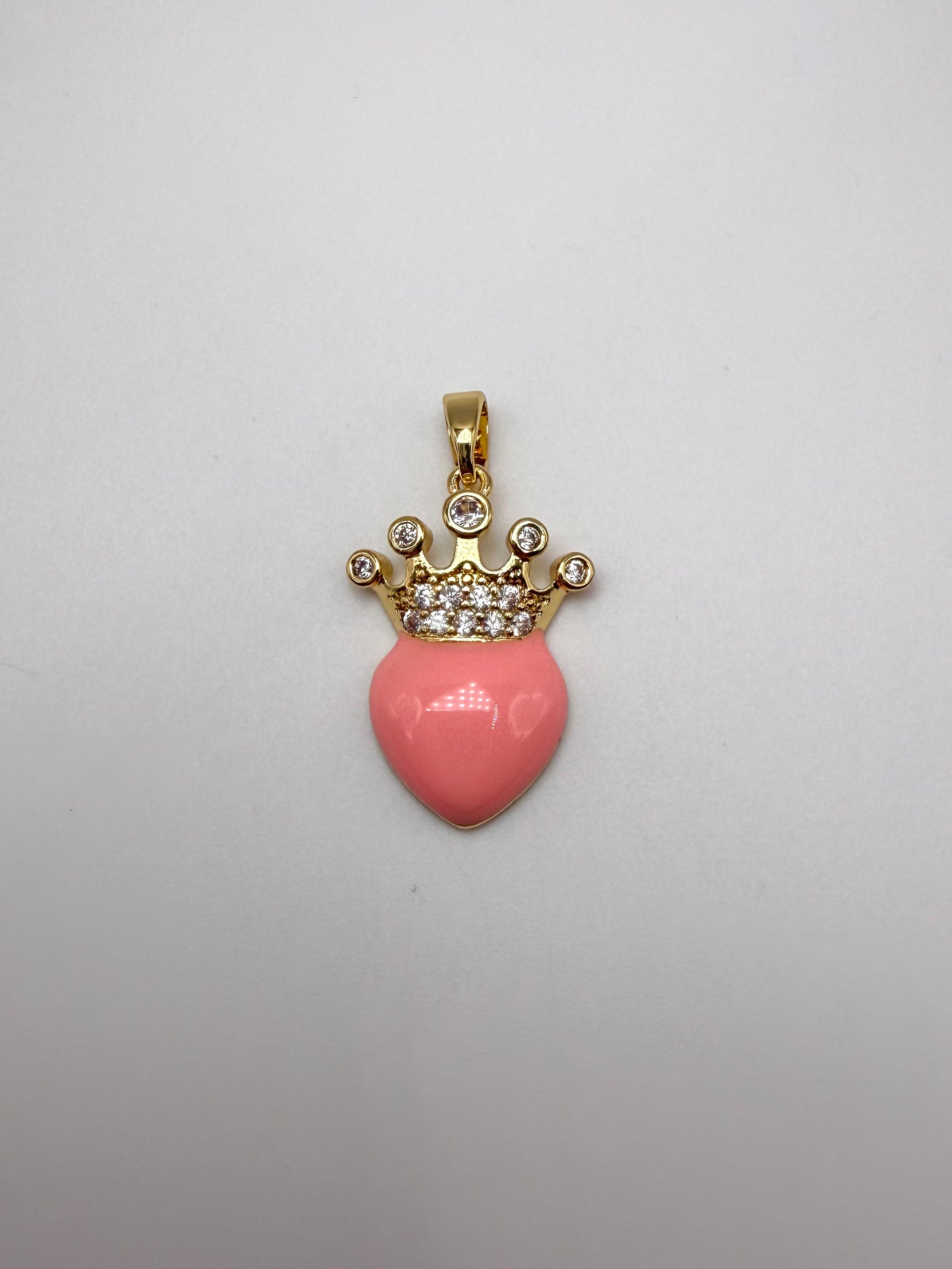Pink Enamel Gold Heart with Crown Charm Pendant