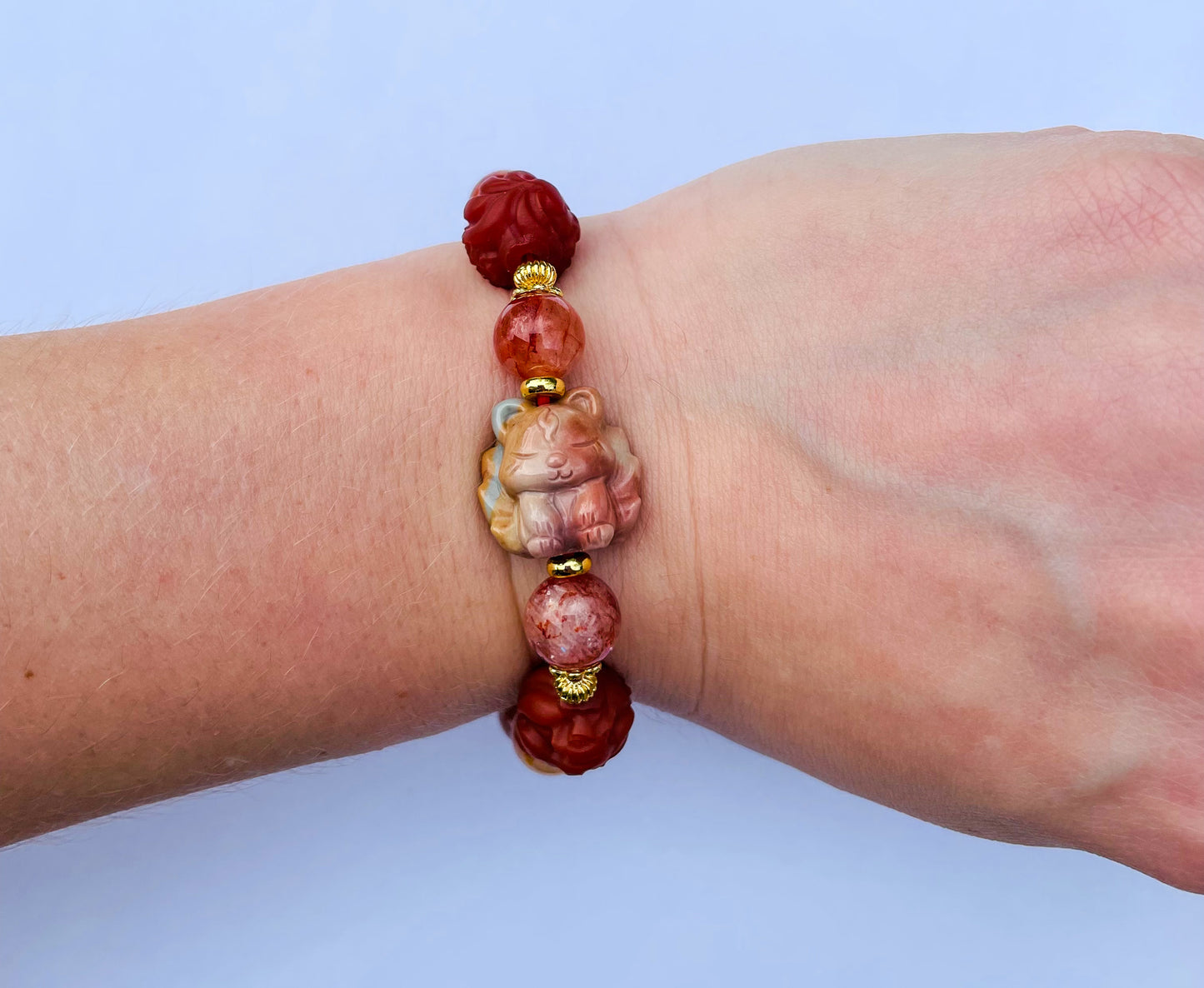 Natural Fire Quartz with Natural Alashan Agate & Red Jasper 9 Tailed Fox Crystal Carving Beaded Stretch Adjustable Bracelet