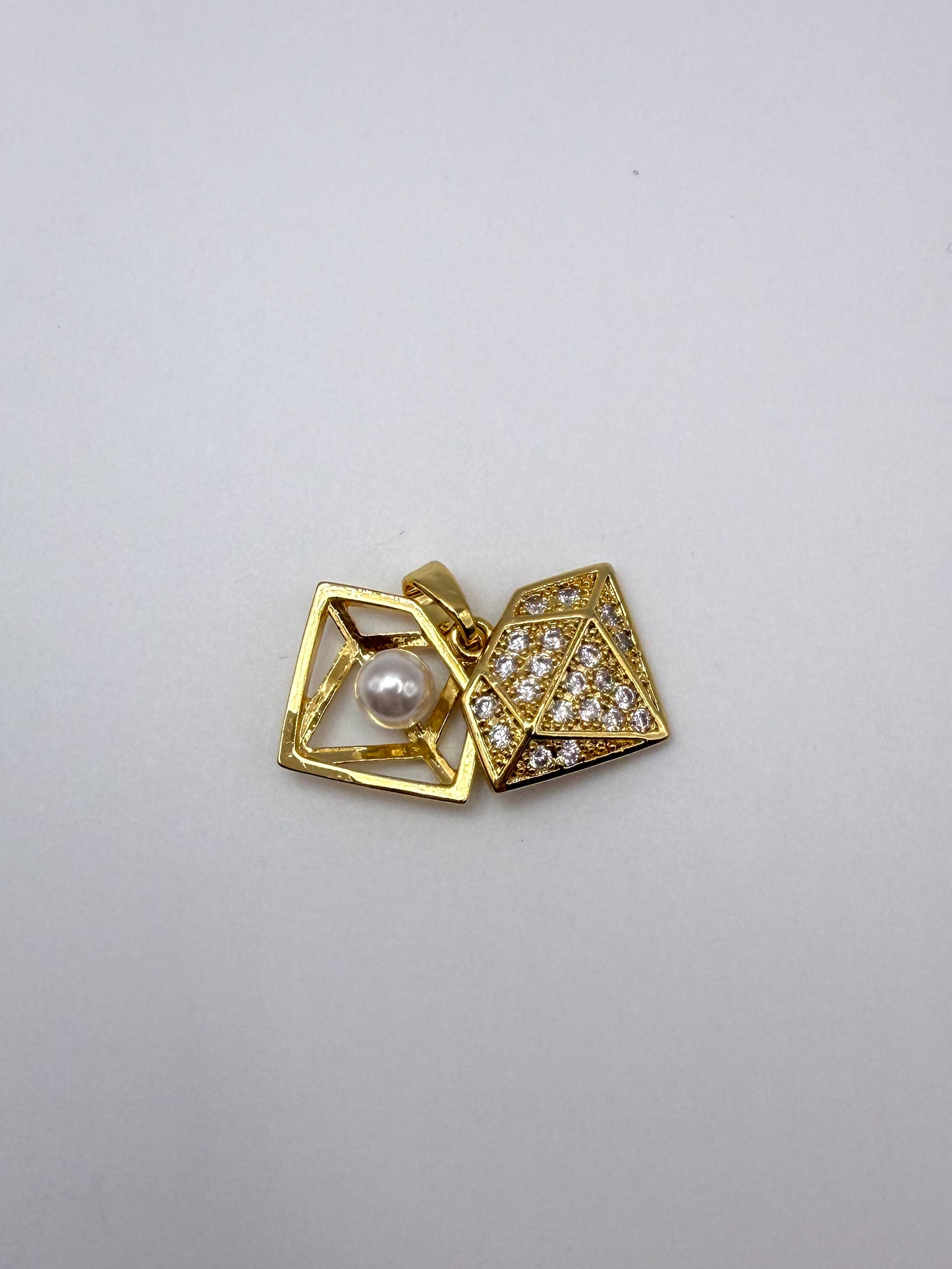 Double Open Gold Diamond with Center Pearl Charm Pendant