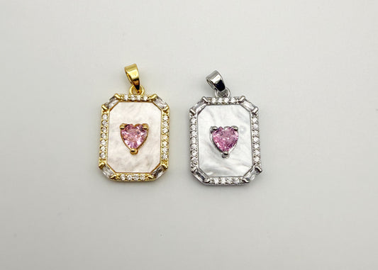 Mother of Pearl Shell with Pink CZ Heart Gold & Silver Pendant