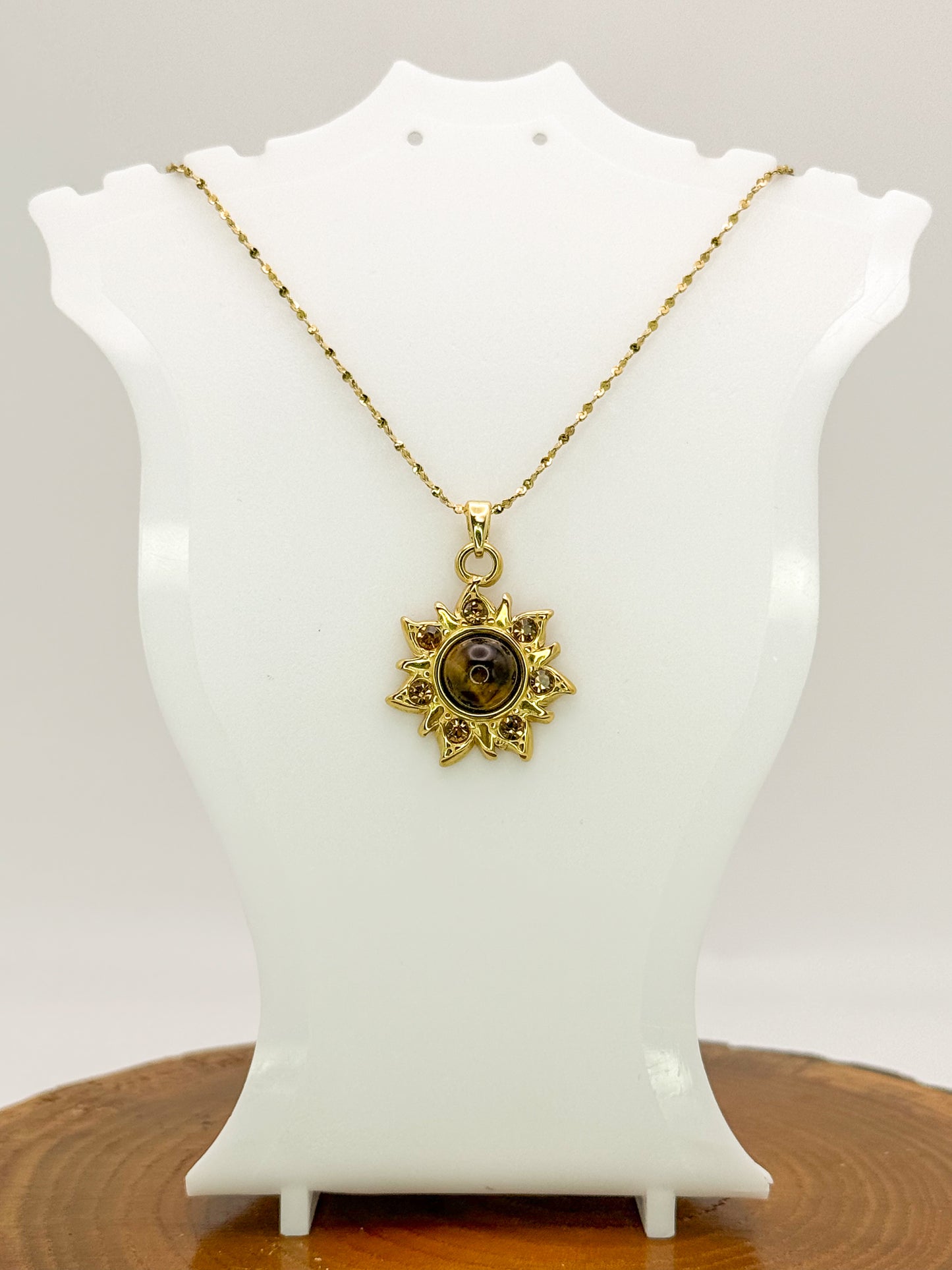 Sun Burst Necklace-Natural Gemstone Stainless Steel Sun Pendant Adjustable Necklace