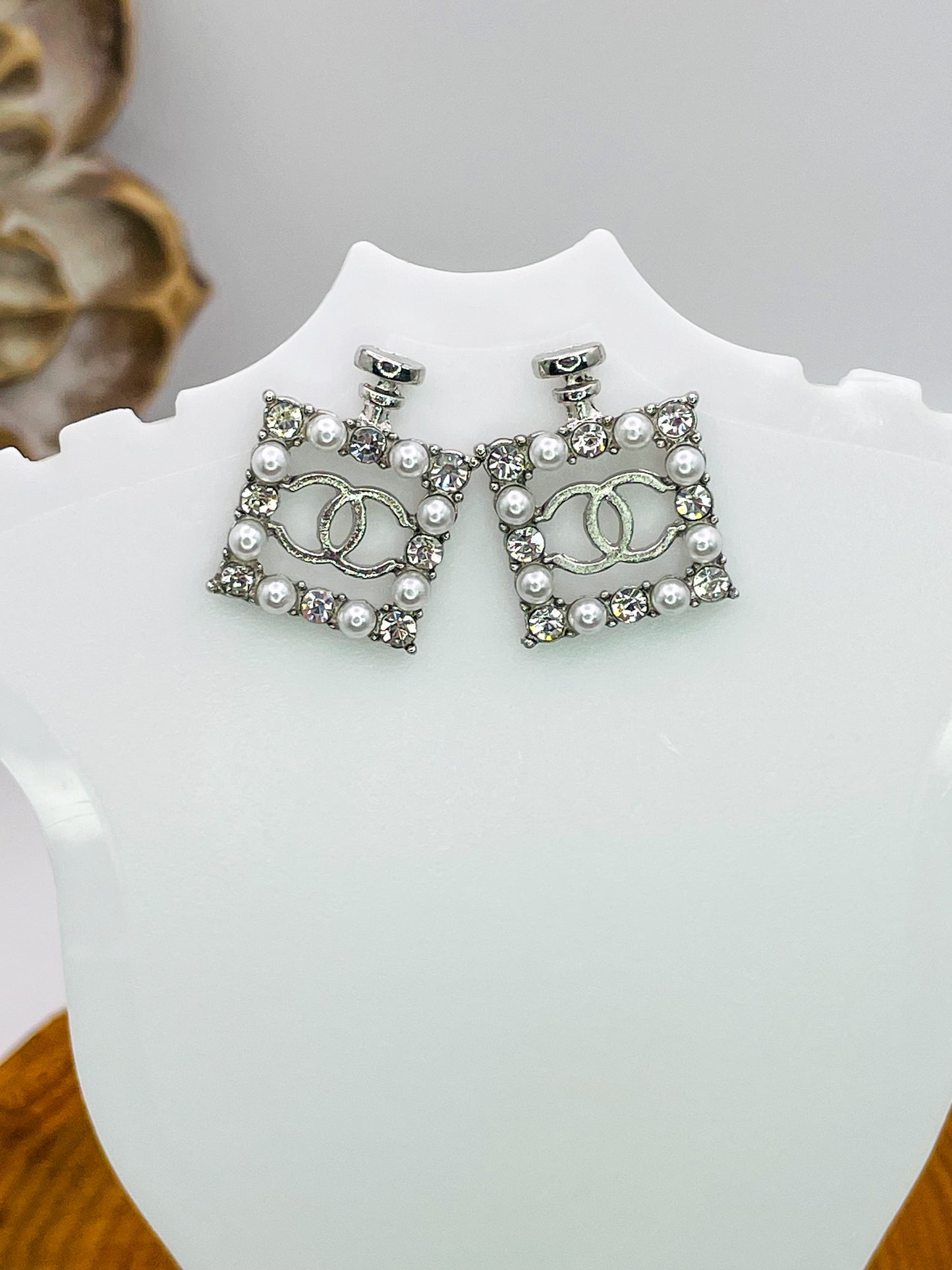 Silver CC Perfume Bottle Stud Earrings