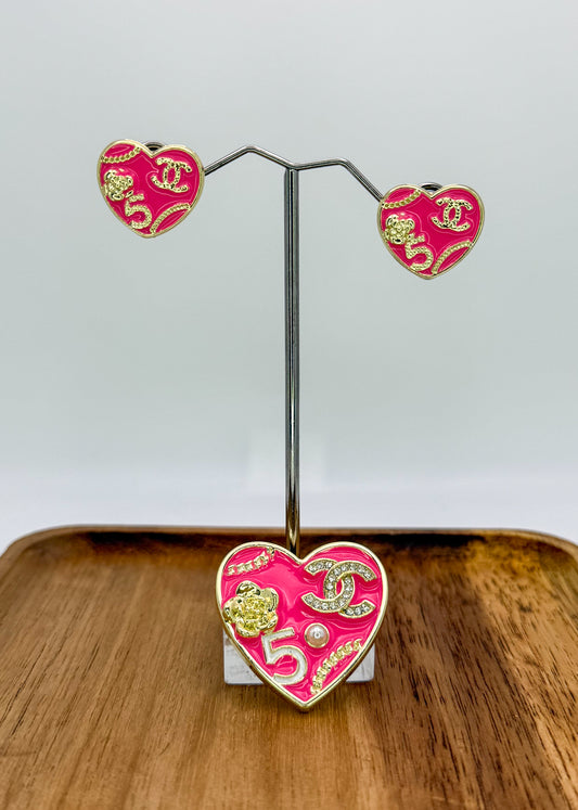 Hot Pink & Gold CC Designer Matching Stud Earrings & Brooch
