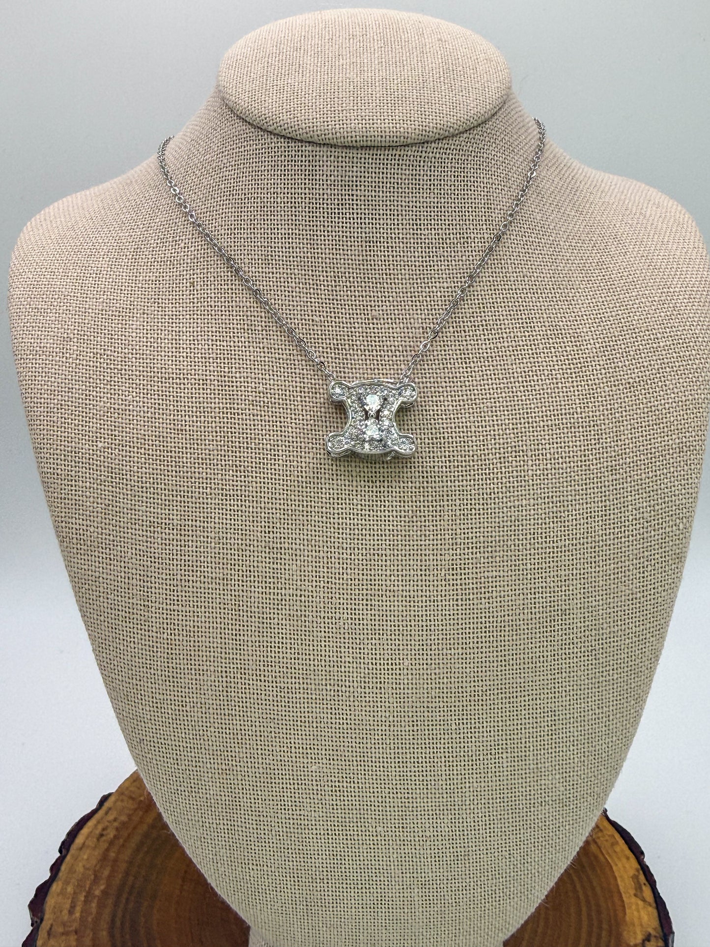 Silver Sparkly Celine Designer Logo Stainless Steel Necklace