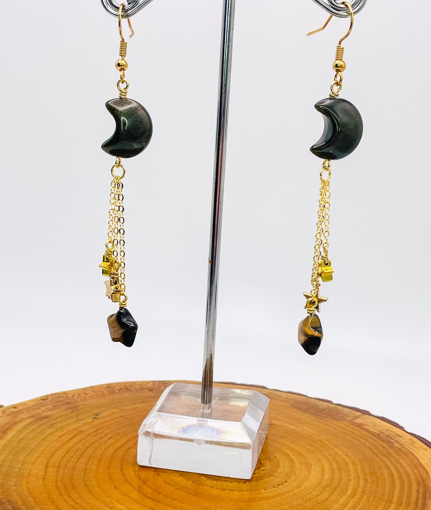 Gold Black Obsidian Moon Dangling Earrings with Natural Tigers Eye Star Beads