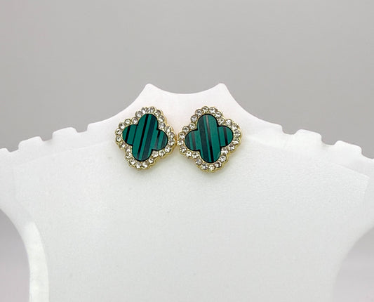Malachite Green & Gold Clover Stud Earrings
