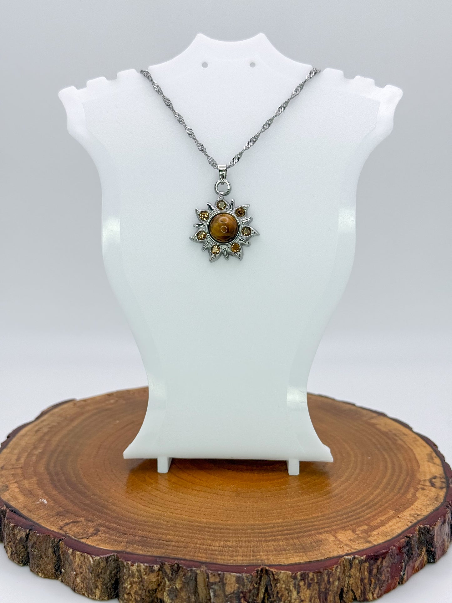 Sun Burst Necklace-Natural Gemstone Stainless Steel Sun Pendant Adjustable Necklace