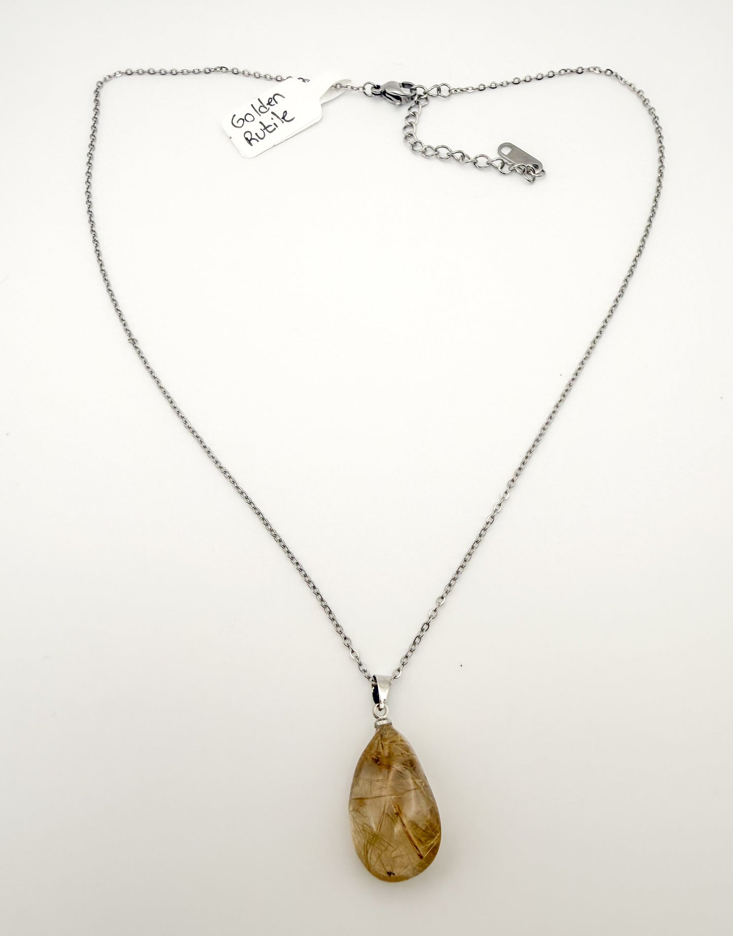 Natural Golden Rutilated Quartz Crystal Teardrop Pendant Stainless Steel Chain Necklace