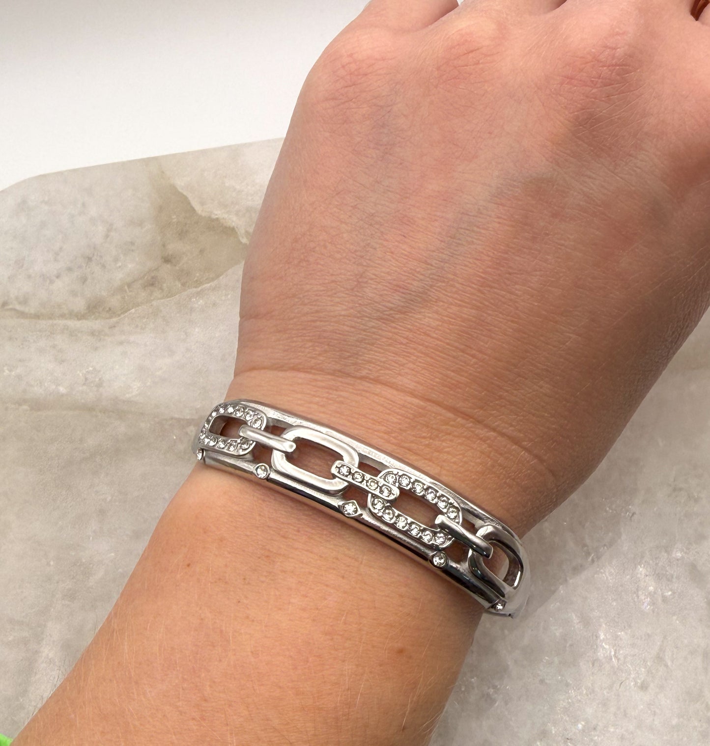 Silver Stainless Steel Bling Oval Chain Link Bangle Bracelet