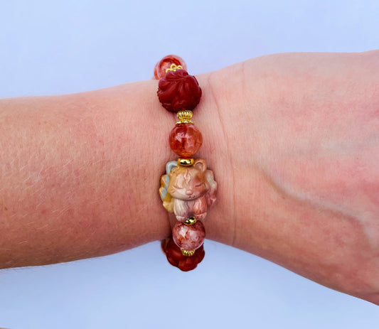 Natural Fire Quartz with Natural Alashan Agate & Red Jasper 9 Tailed Fox Crystal Carving Beaded Stretch Adjustable Bracelet