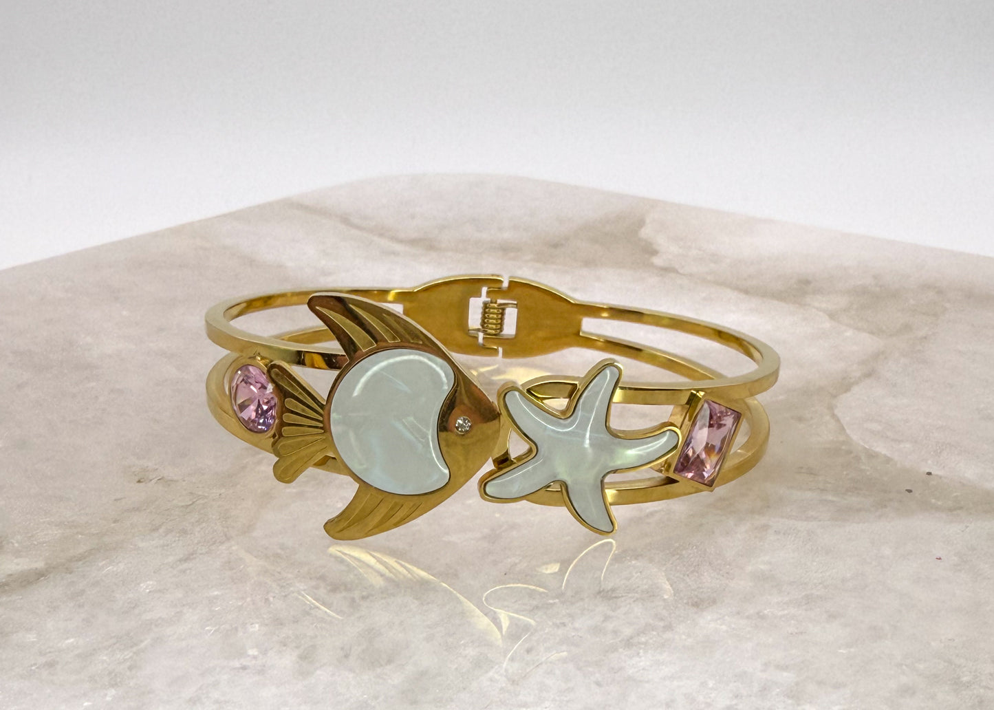 Gold Stainless Steel Sea Animal Open Front Bangle Bracelet