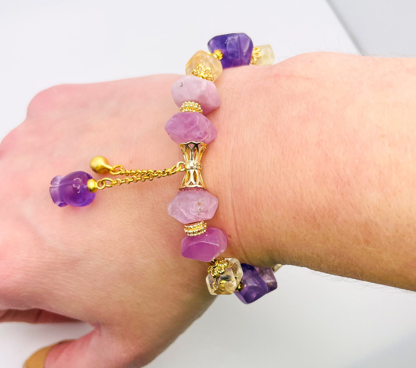 Natural Amethyst, Kunznite & Citrine Tulip Statement Bracelet