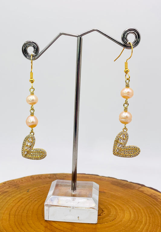 Bling Heart Earrings with Freshwater Pink Pearls