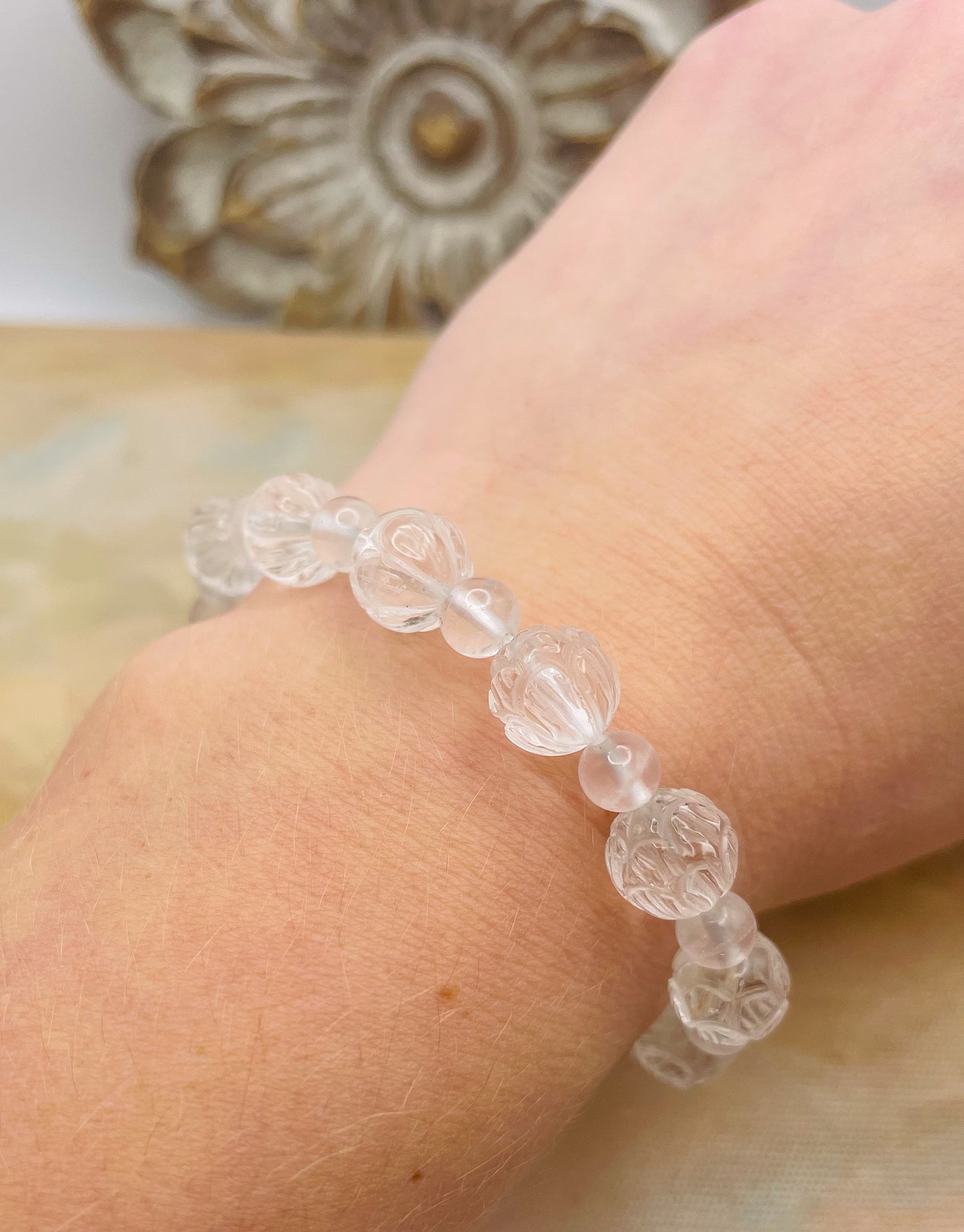 Lotus Craved Natural Crystal Beaded Bracelets- Clear Quartz, Rose Quartz