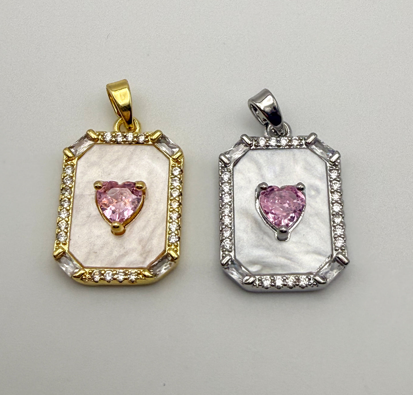 Mother of Pearl Shell with Pink CZ Heart Gold & Silver Pendant