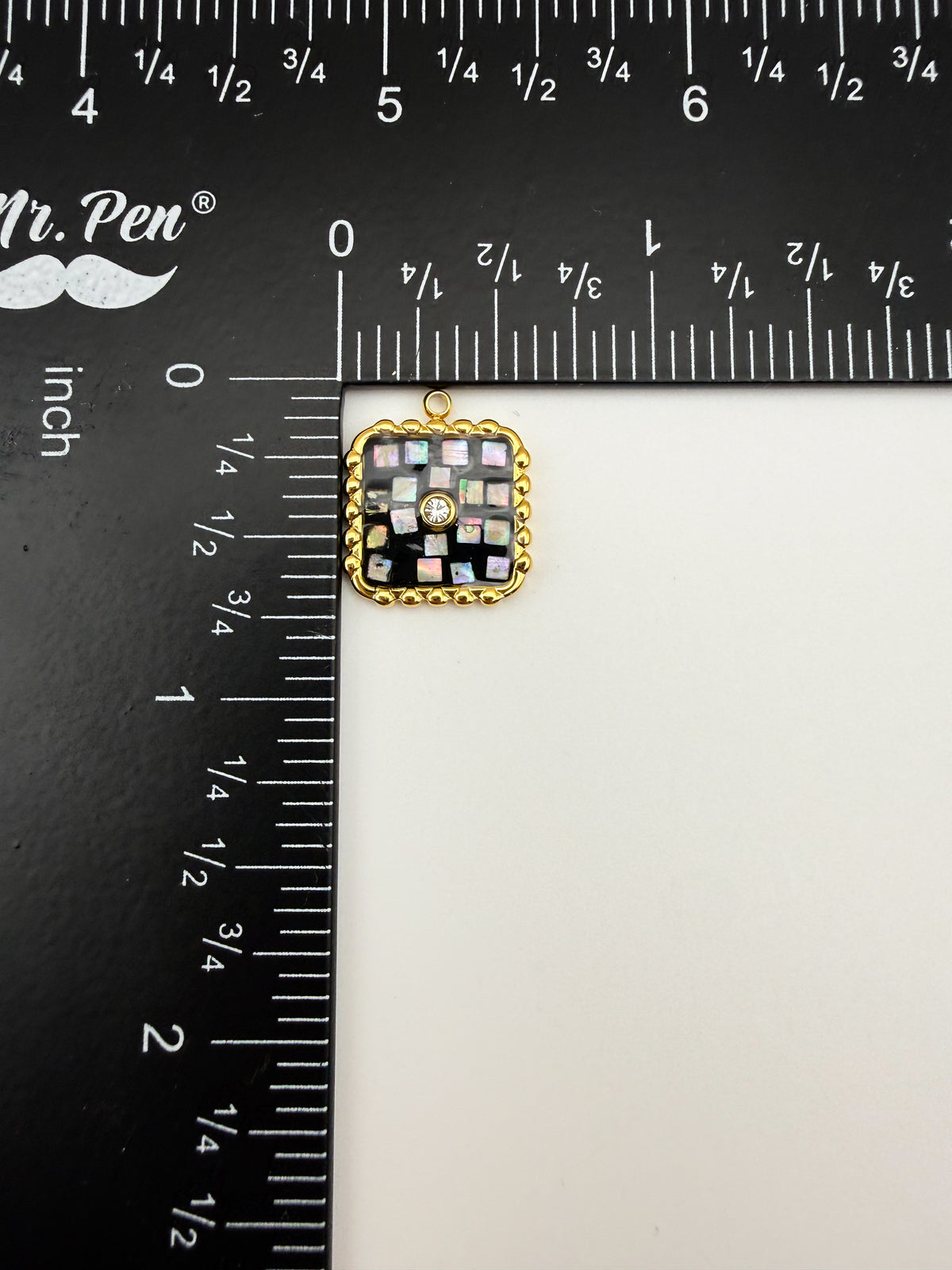 Gold Stainless Steel Square Black Enamel with Abalone Shell Pieces Charm Pendant