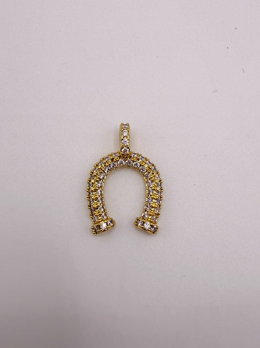 Gold Lucky Horseshoe Zircon Covered Charm Pendant