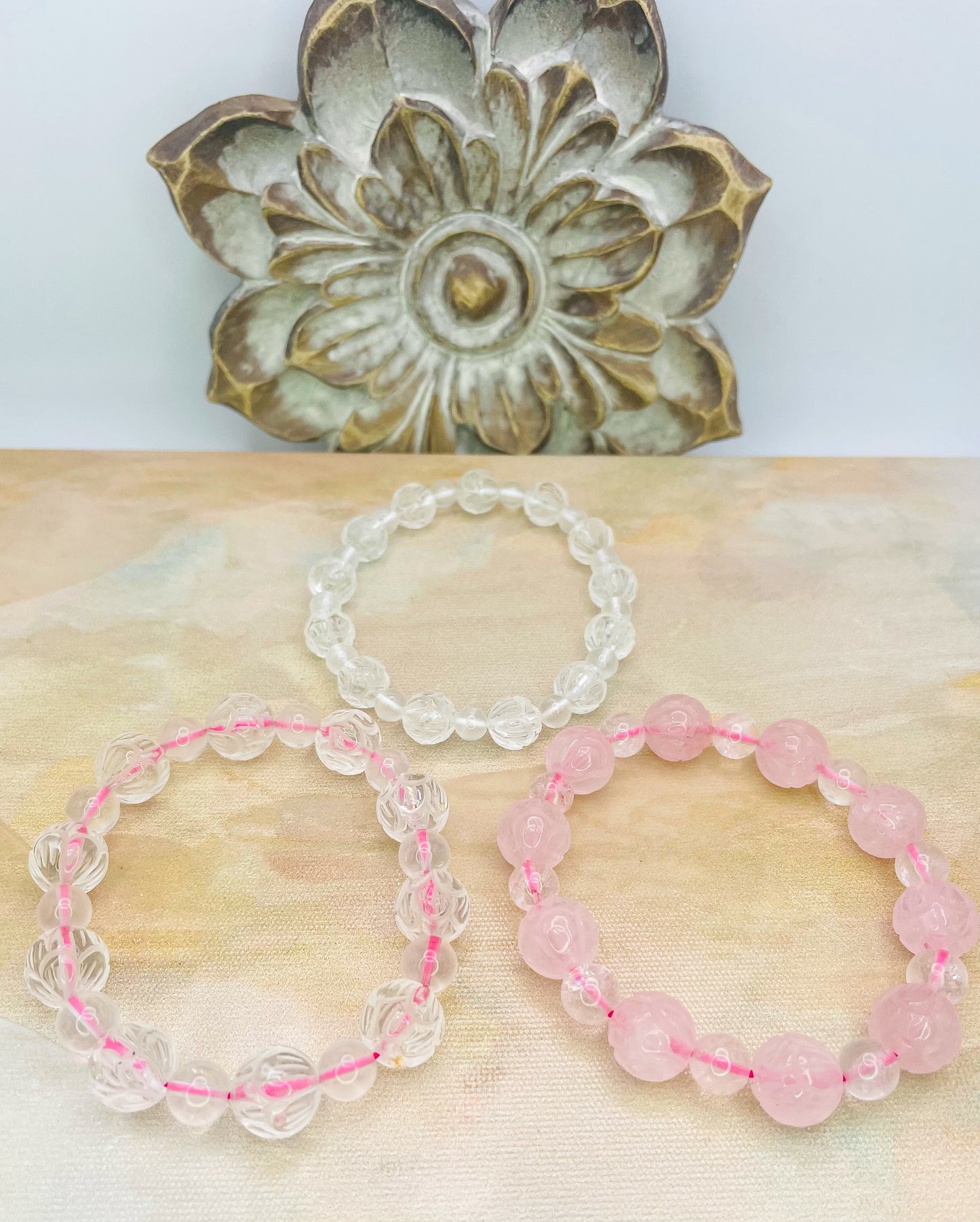 Lotus Craved Natural Crystal Beaded Bracelets- Clear Quartz, Rose Quartz