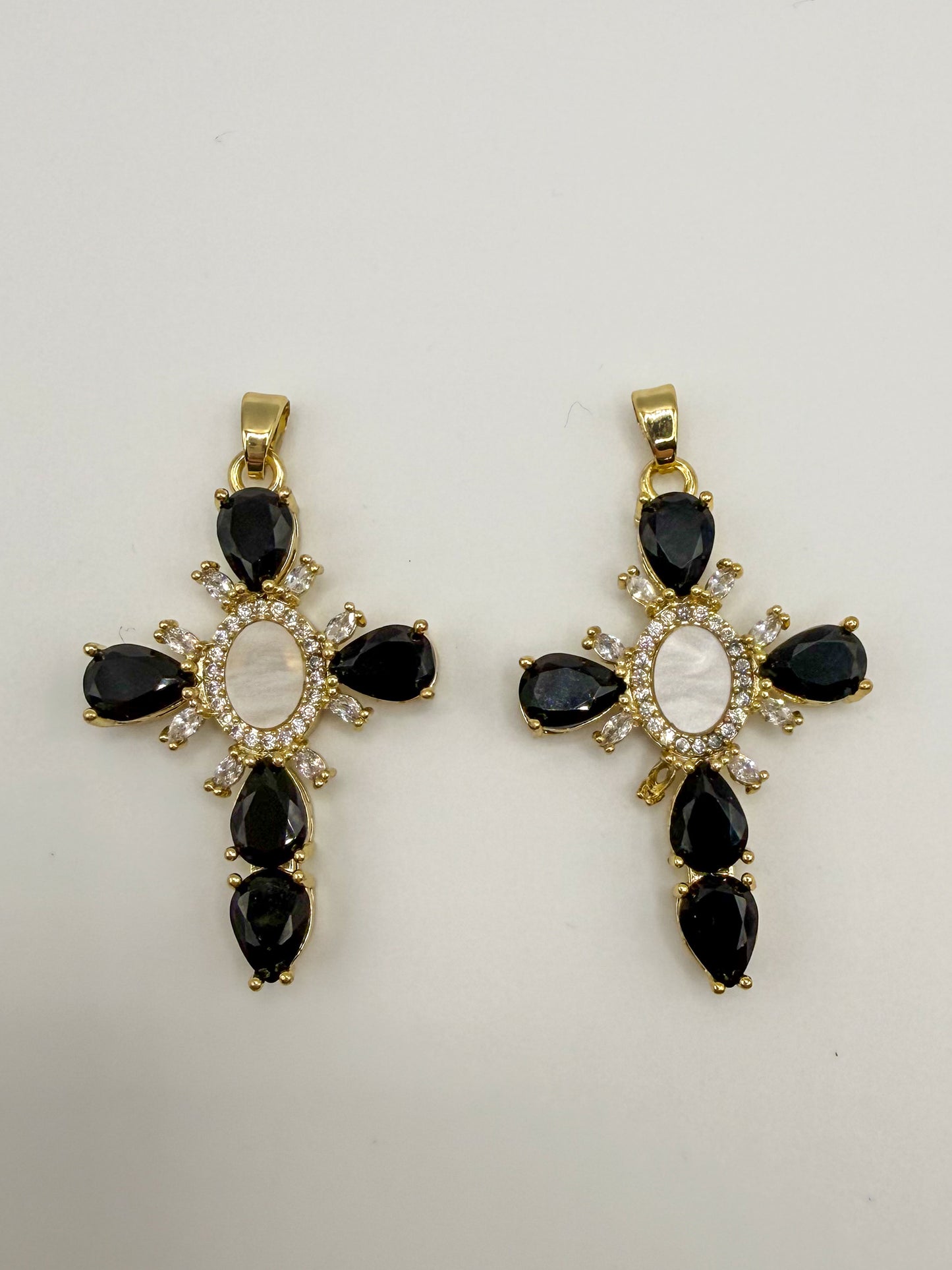 Black Zircon & Mother of Pearl Shell Gold Cross Charm Pendant