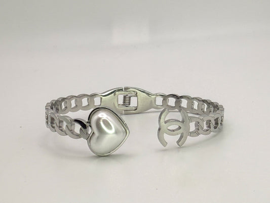 Silver Open Front CC Pearl Heart Stainless Steel Bangle Bracelet