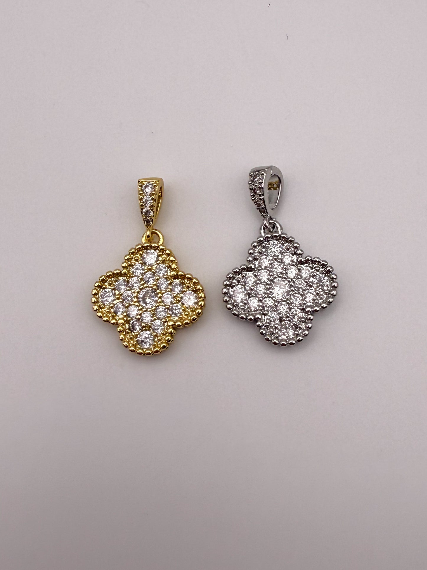 Gold & Silver Zircon Covered Clover  Charm Pendants