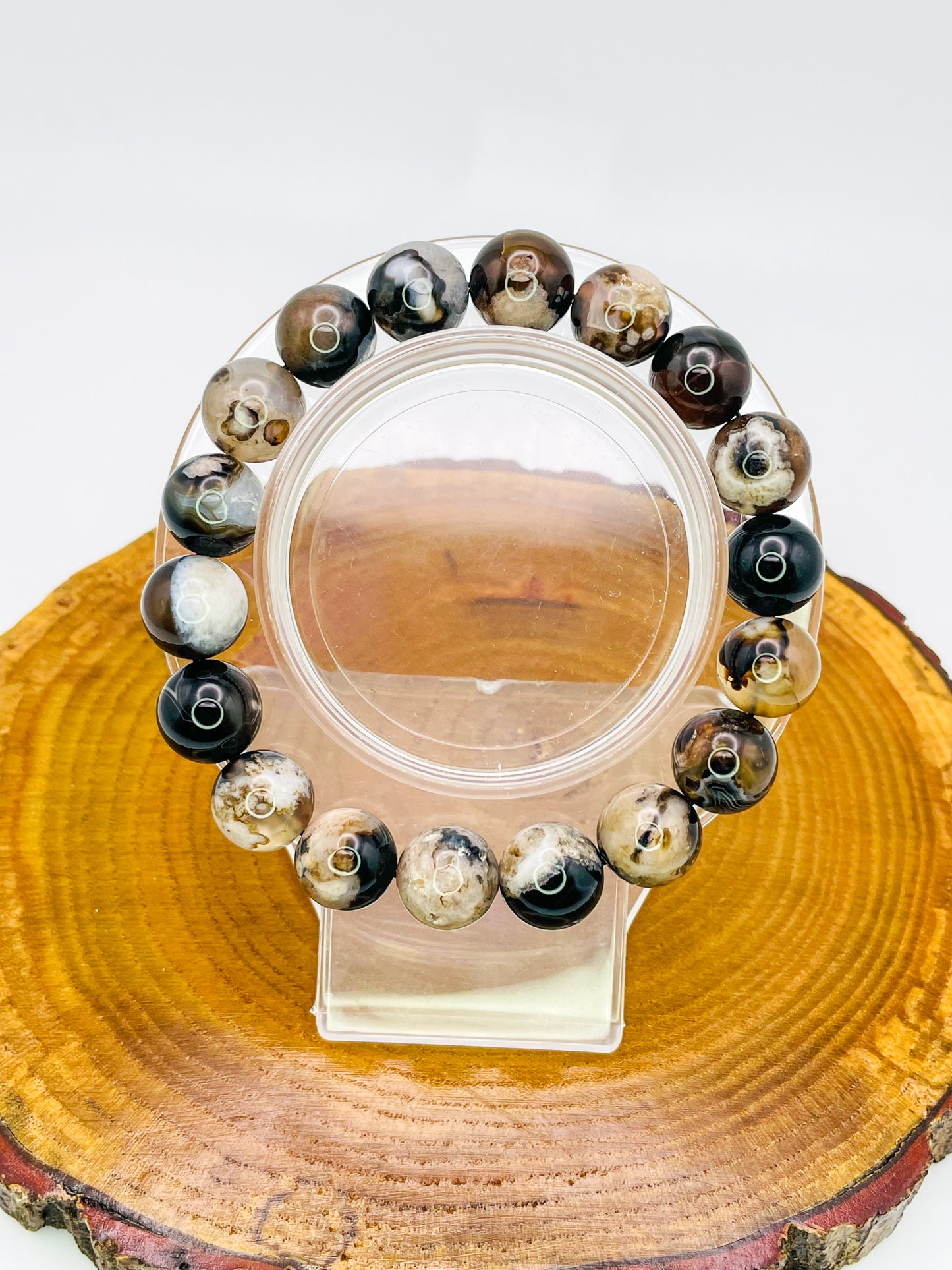 Natural Black Flower Agate Crystal Beaded Stretch Adjsutable Bracelet