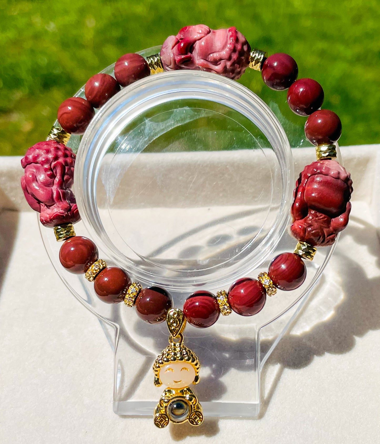 Hear, See & Speak No Evil Baby Budda Sitting on Lotus Natural Alashan Agate Crystal Carving Beaded Stretch Adjustable Bracelet