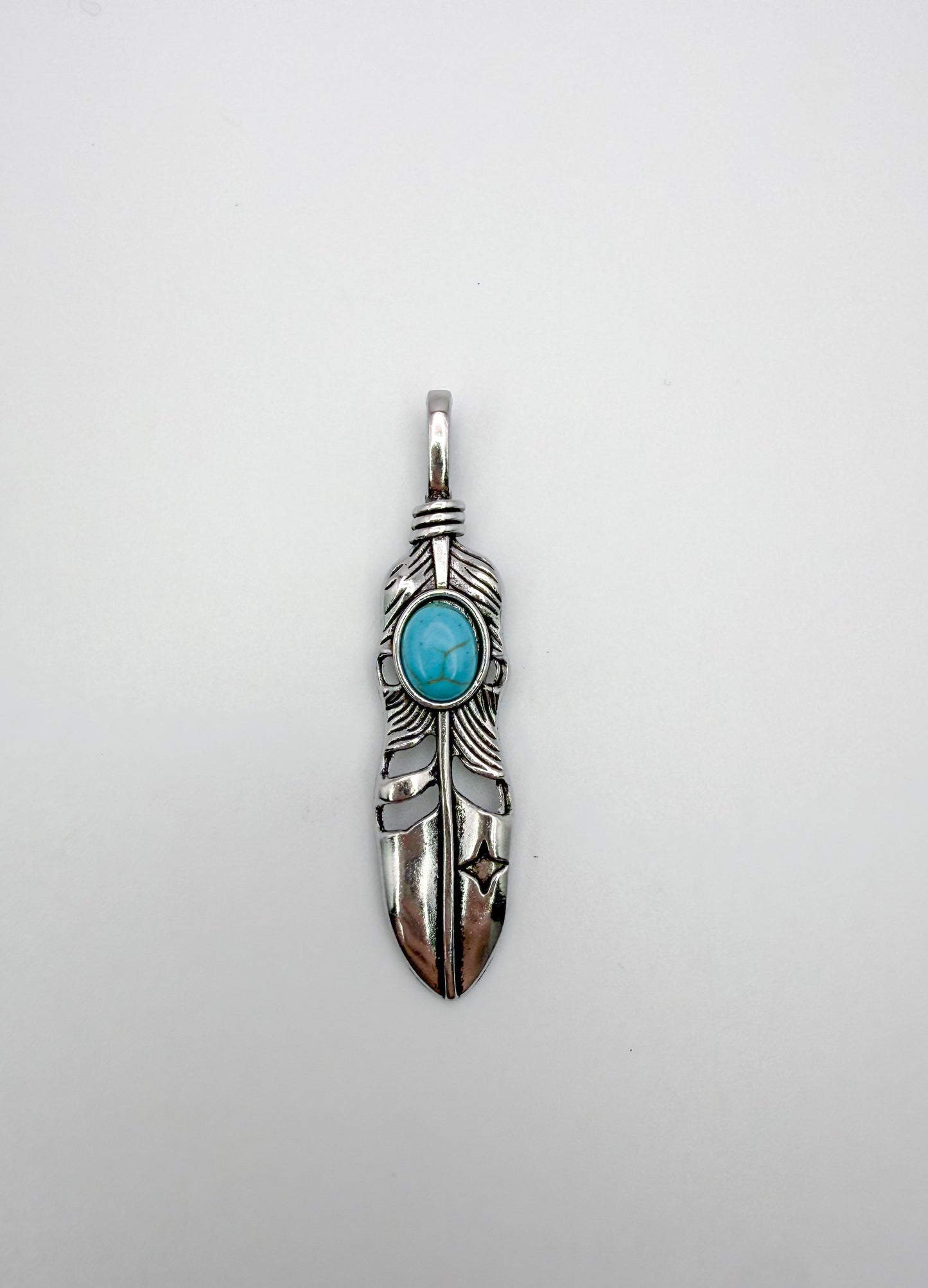 Silver Feather Pendant with Turquoise Stone in Center