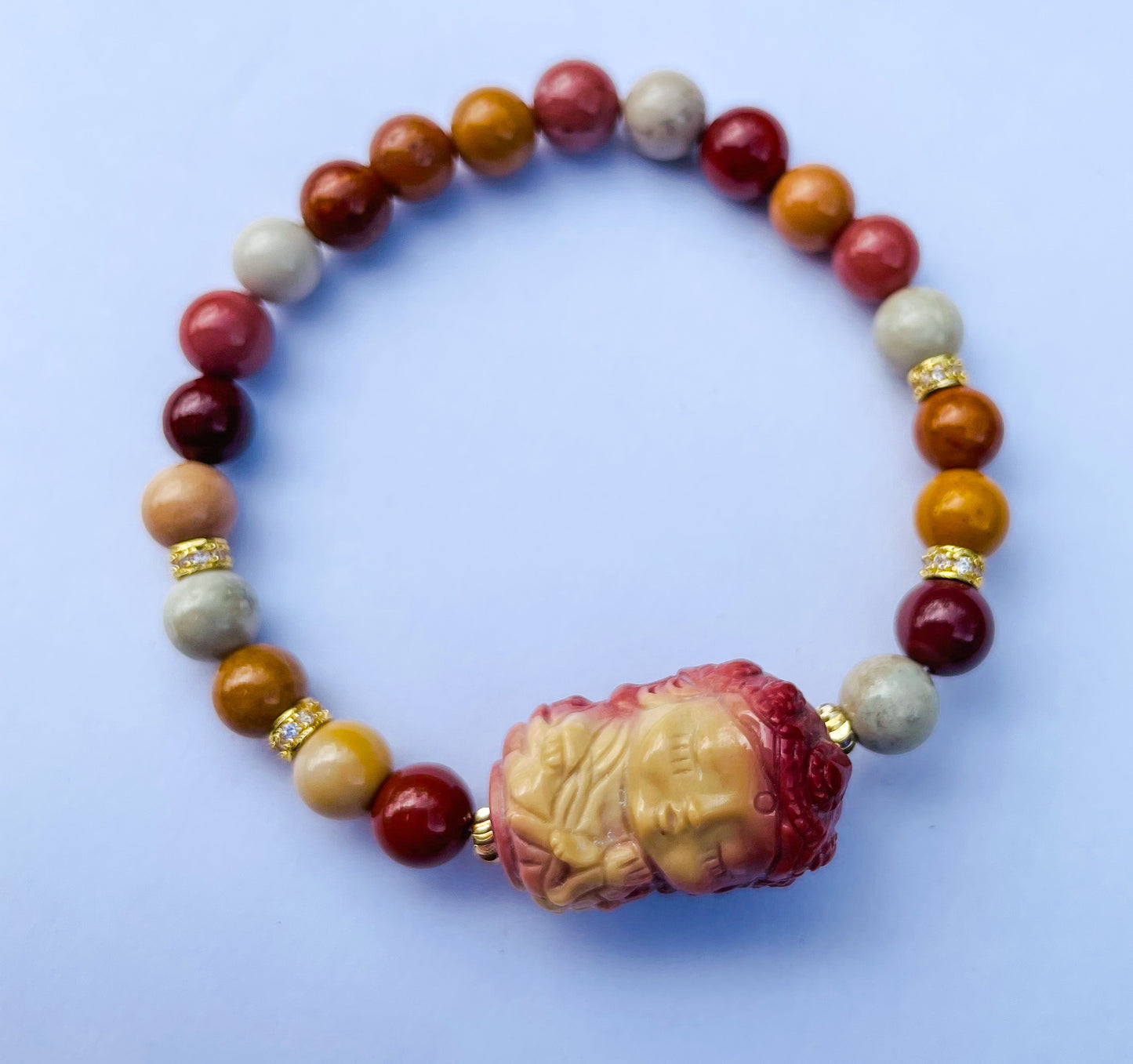 Natural Mooncake Alashan Agate Goddess Crystal Carving Beaded Stretch Adjustable Bracelet