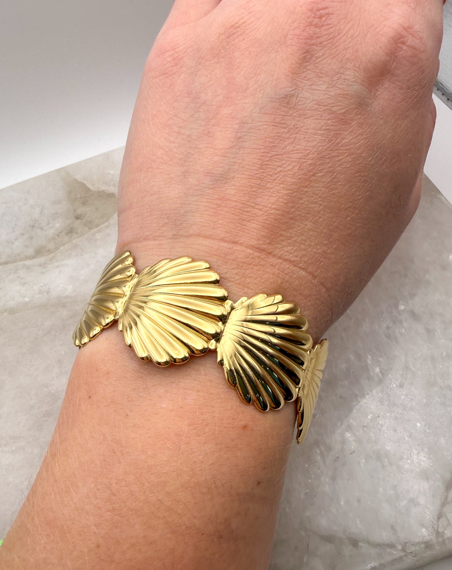 Scallop SeaShell Stainless Steel Gold or Silver Plated Open Back Adjustable Cuff Bangle Bracelet