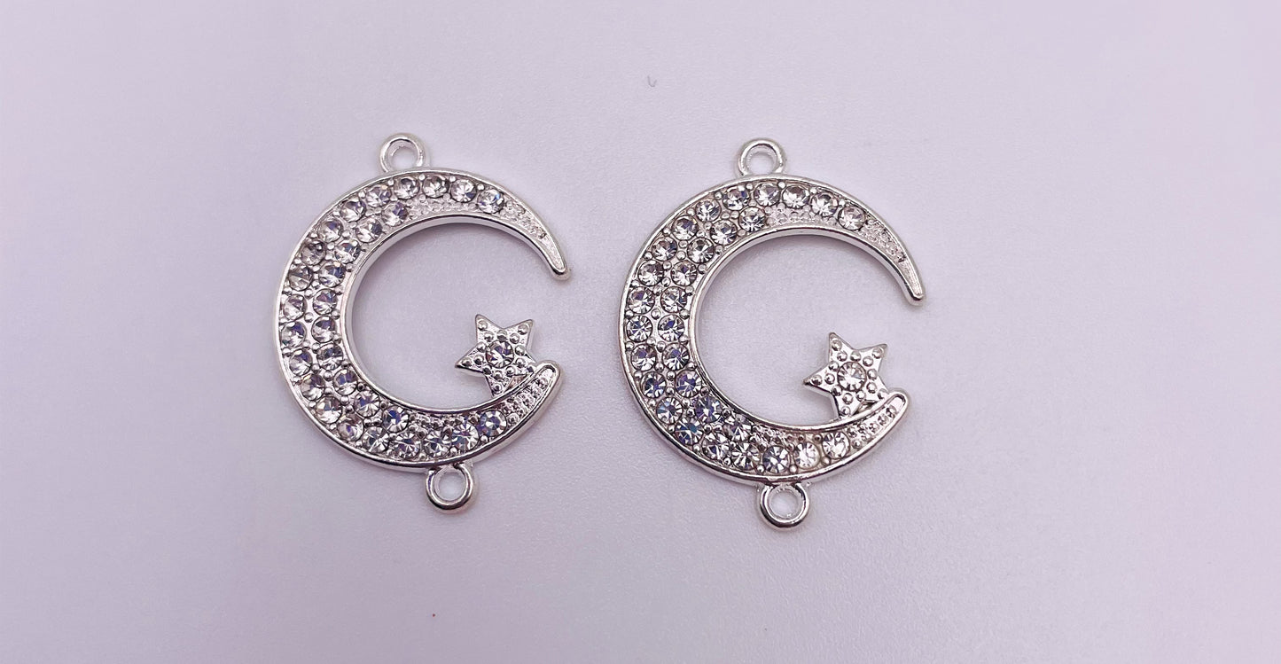 Silver Zircon Crescent Moon Double Linked Charm Pendant