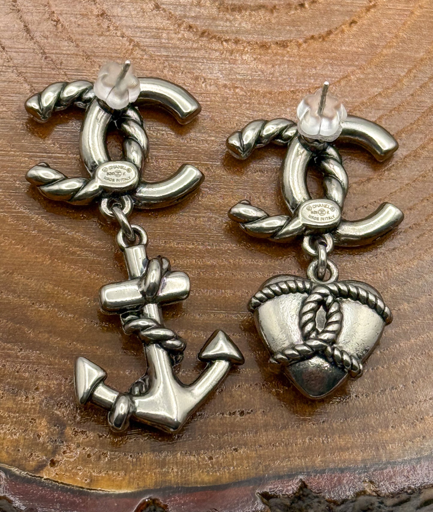 Antique Gold & Silver CC Designer Love & Anchor Stud Dangle Earrings