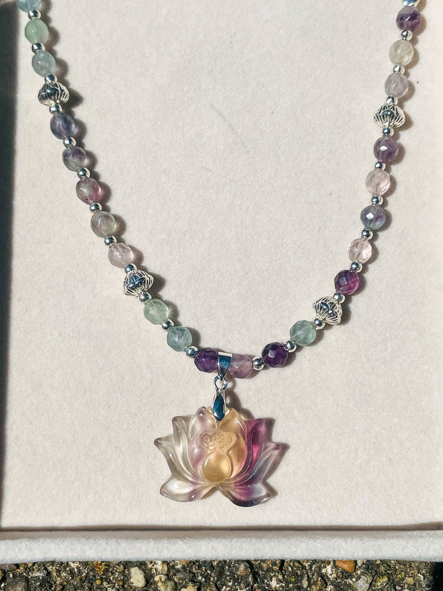 Natural Fluorite Lotus Crystal Carving Beaded Adjustable Necklace