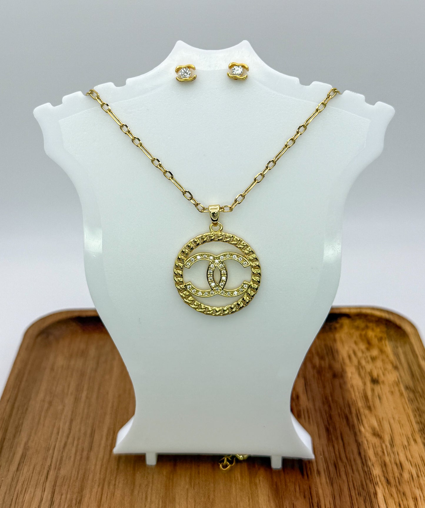 Gold CC Designer Round Pendant on 24k Gold Filled chain with Matching Gold CC Stud Earrings