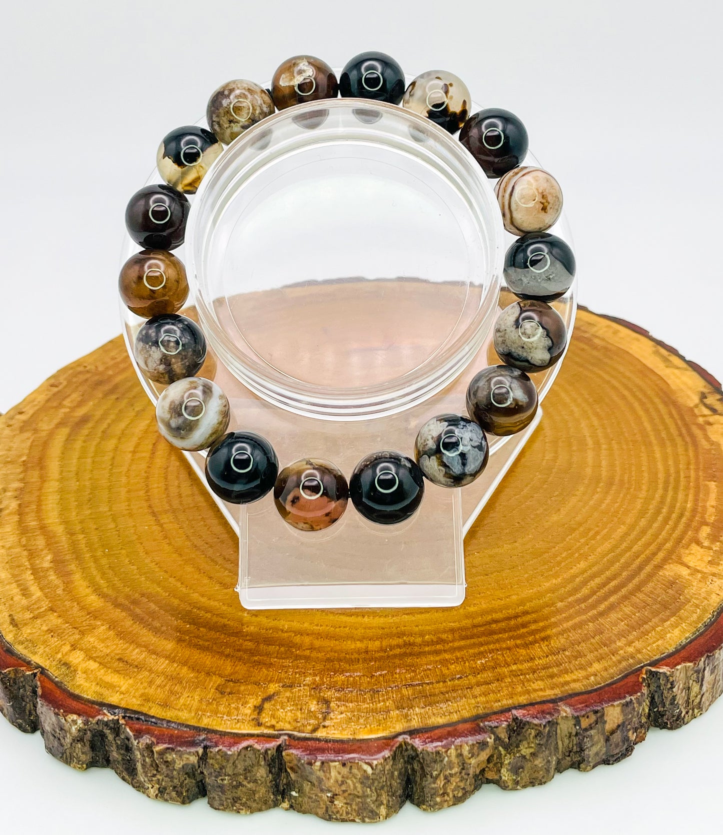 Natural Black Flower Agate Crystal Beaded Stretch Adjsutable Bracelet