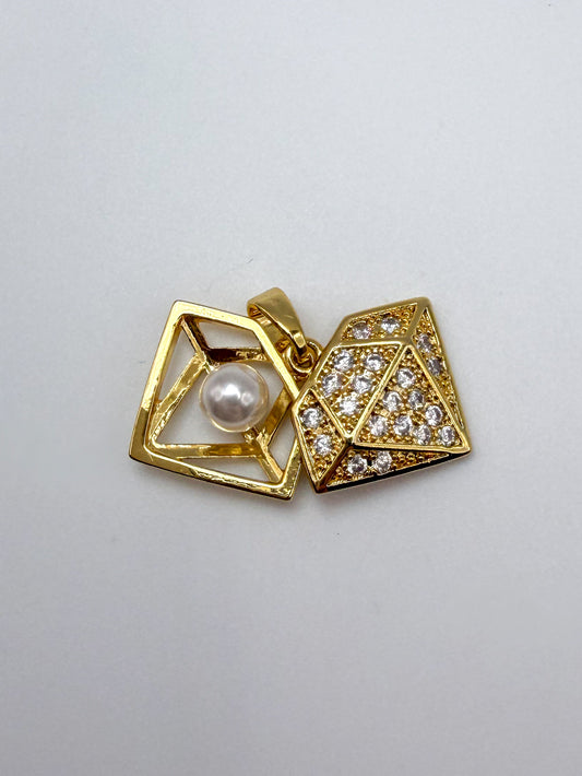 Double Open Gold Diamond with Center Pearl Charm Pendant