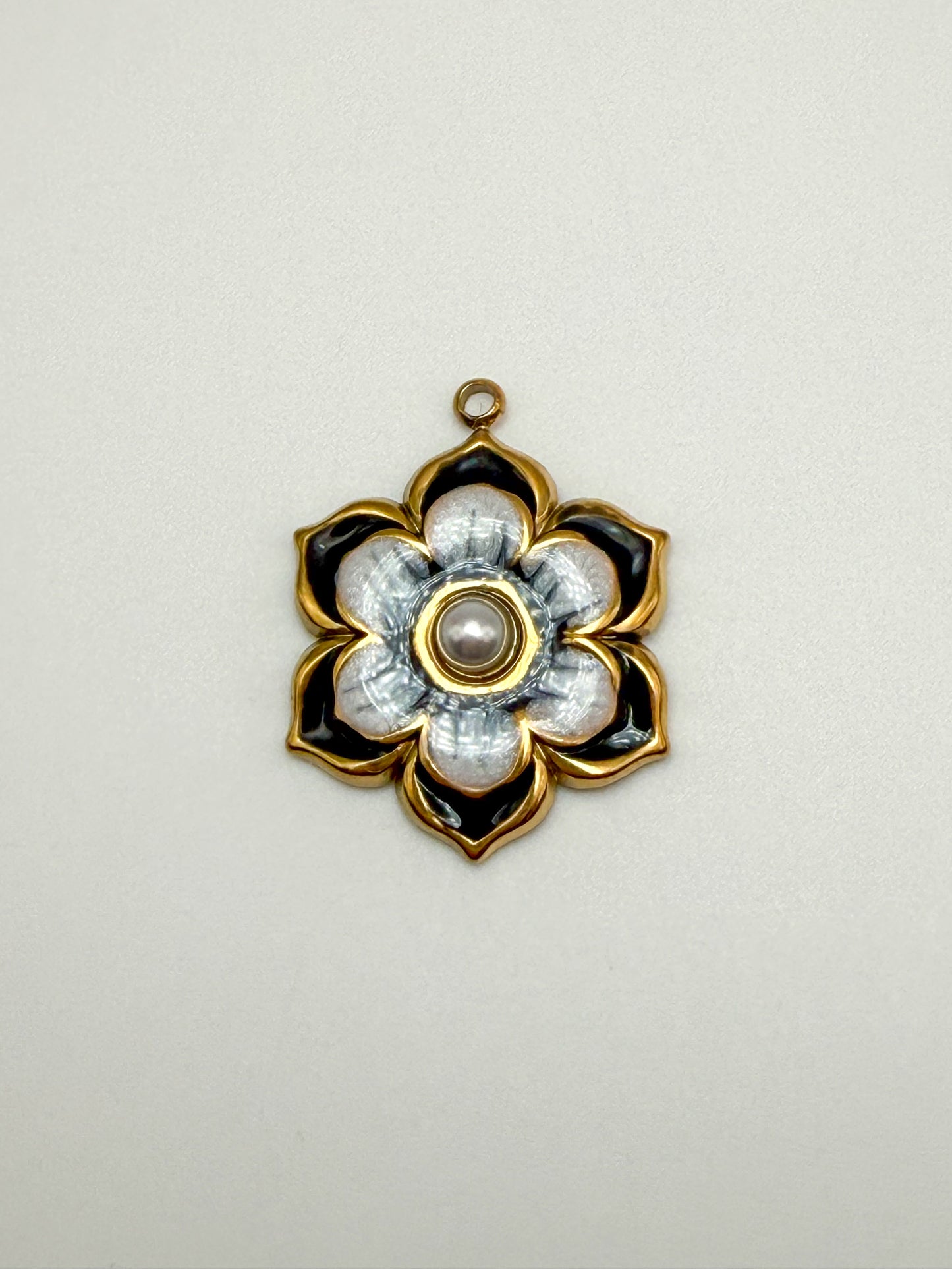 Stainless Steel Gold & Black Enamel Sakura Flower Charm Pendant