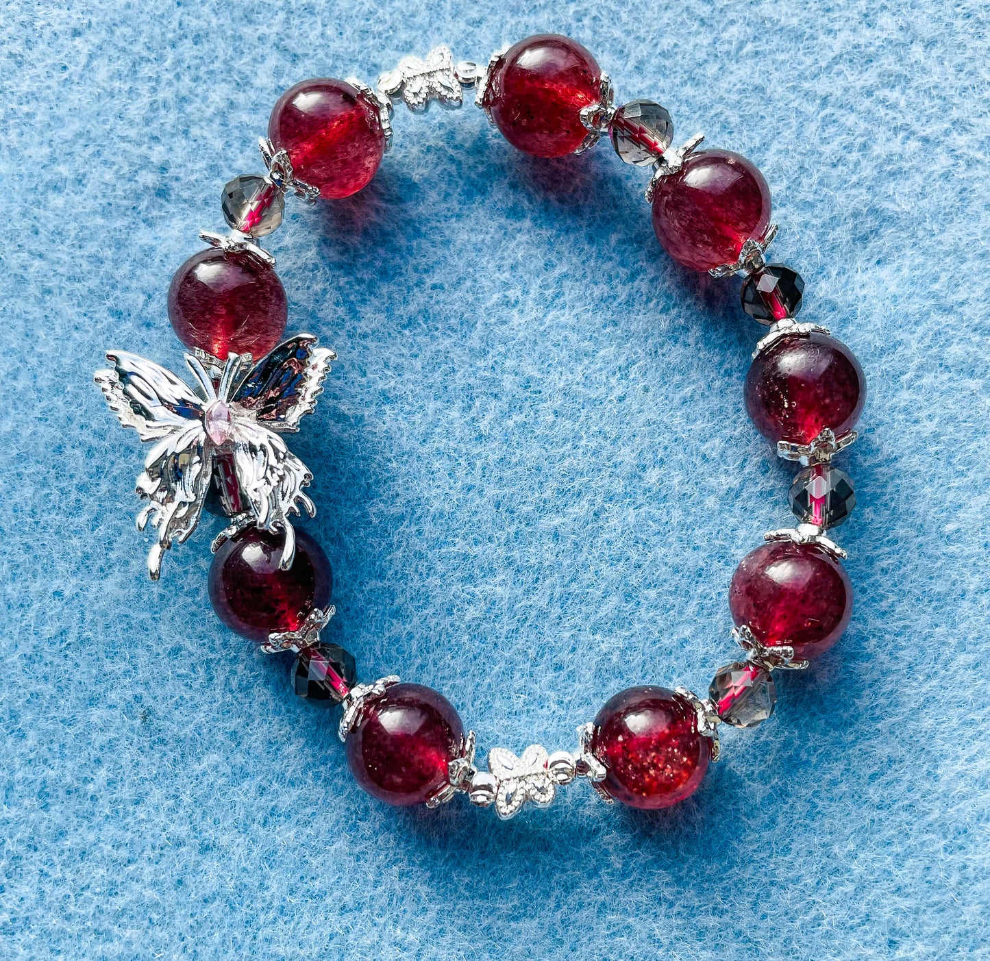 Natural Strawberry Quartz Crystal Silver Butterfly Bracelet