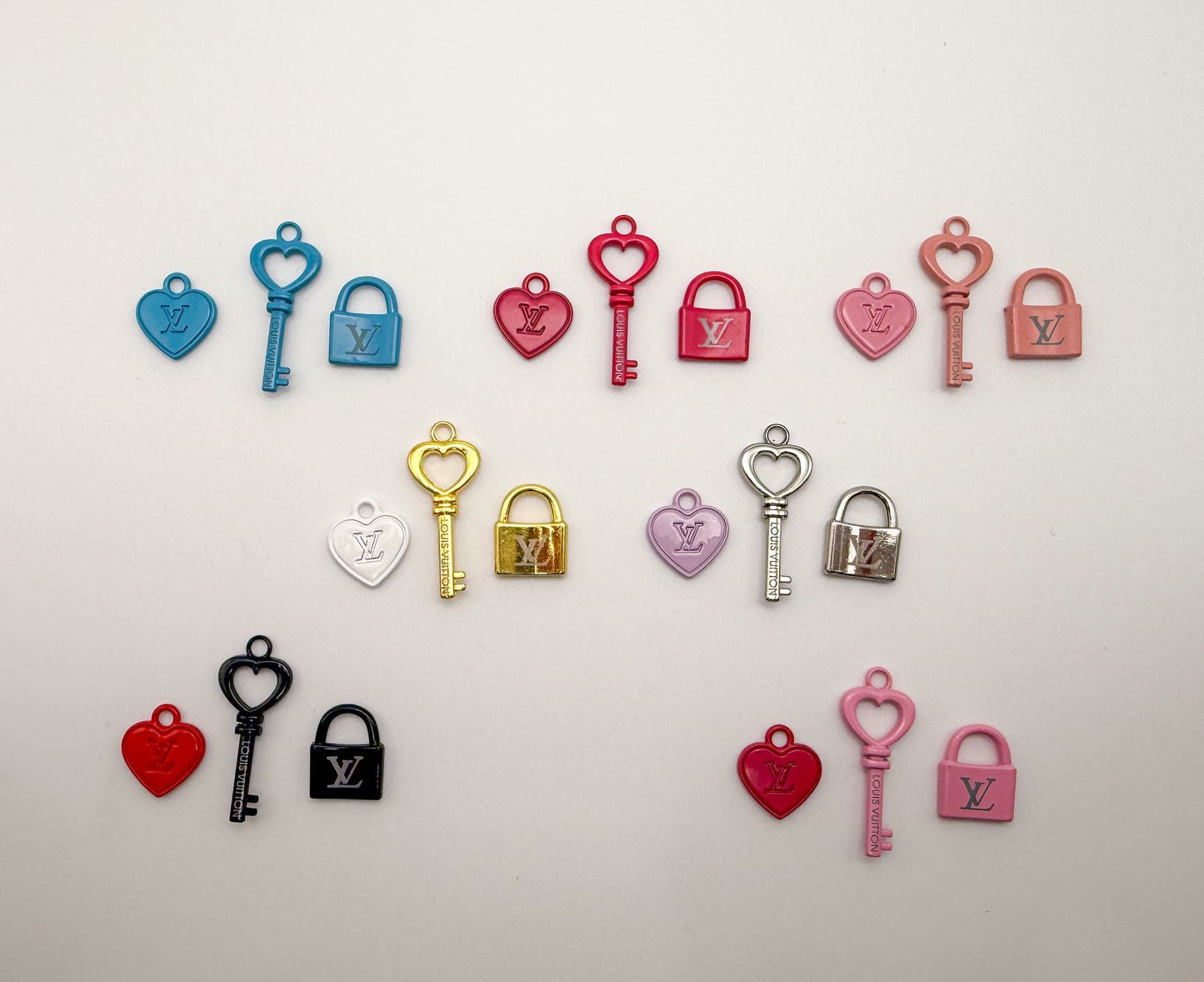 High Quality LV Inspired Lock N Key, Heart Colorful Metal Charm sets