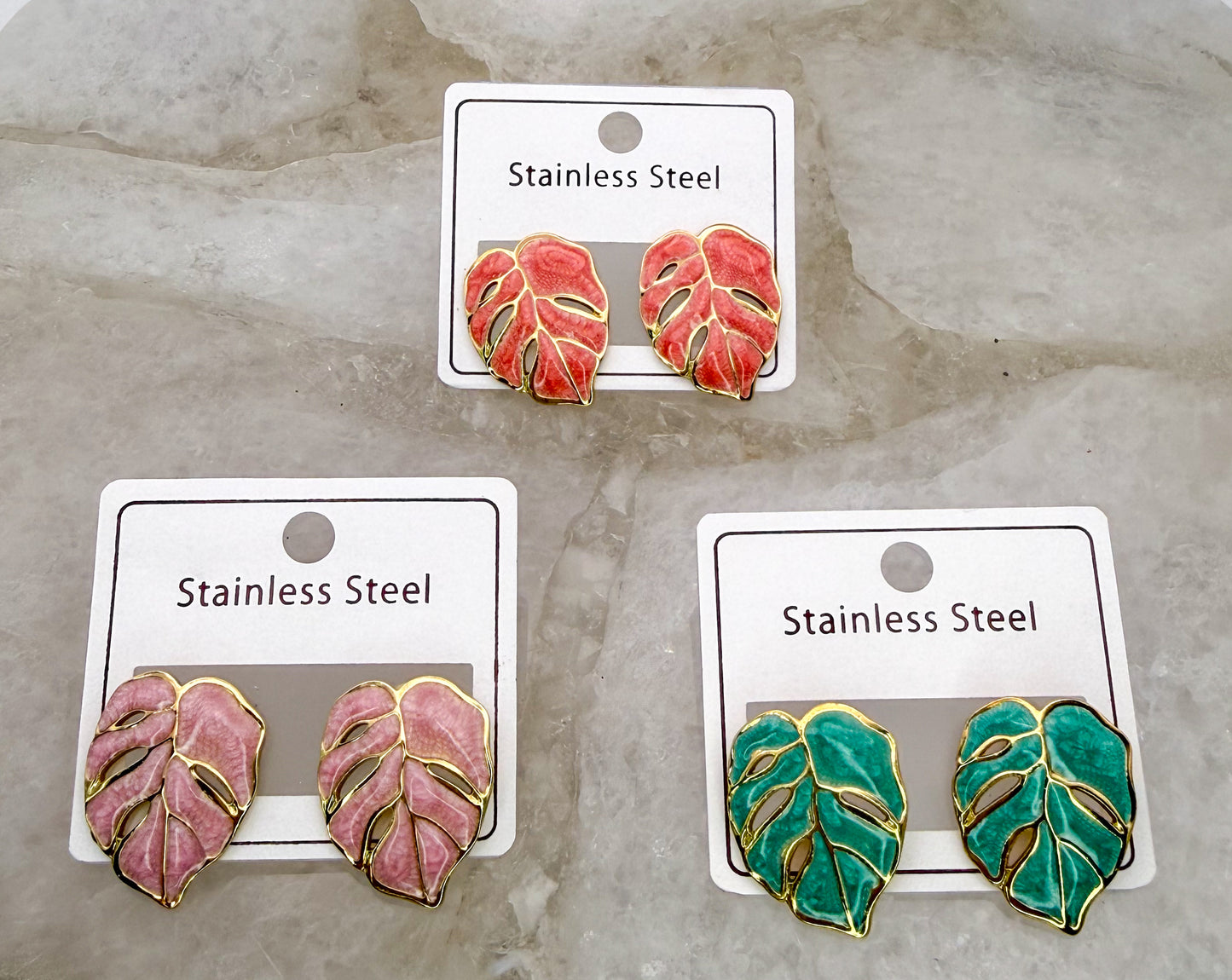 Colorful Monstera Leaf Gold Stainless Steel Stud Earrings