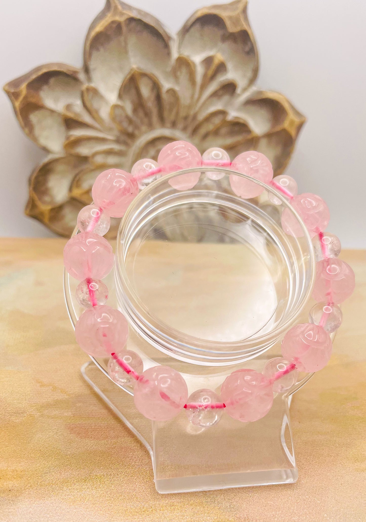 Lotus Craved Natural Crystal Beaded Bracelets- Clear Quartz, Rose Quartz