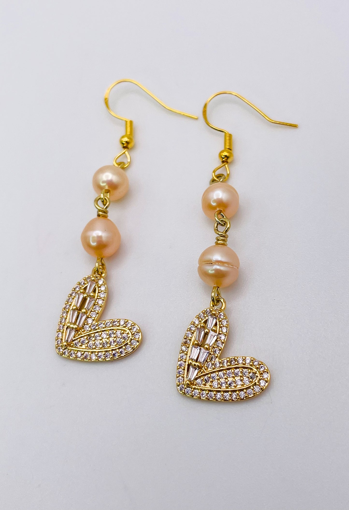 Bling Heart Earrings with Freshwater Pink Pearls