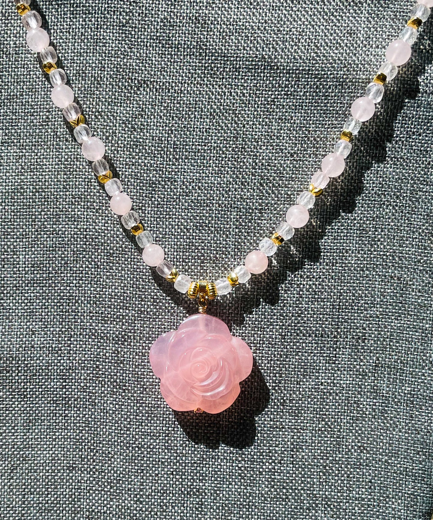 Natural Rose Quartz Rose Crystal Carving Beaded Adjustable Necklace