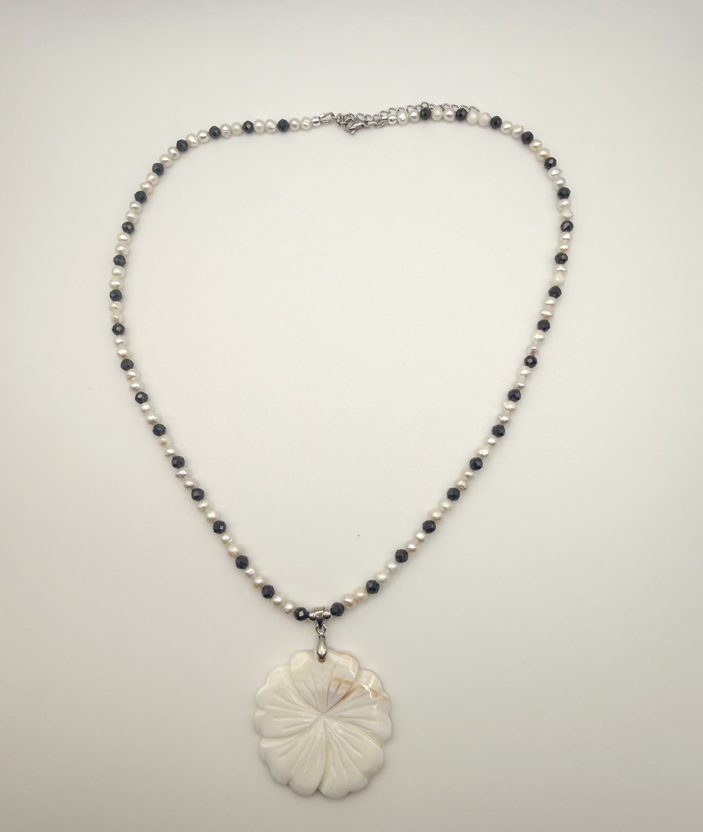 Natural Mother of Pearl Shell flower Pendant Freshwater Pearl & Natural Black Spinel Gemstone Statement Necklace