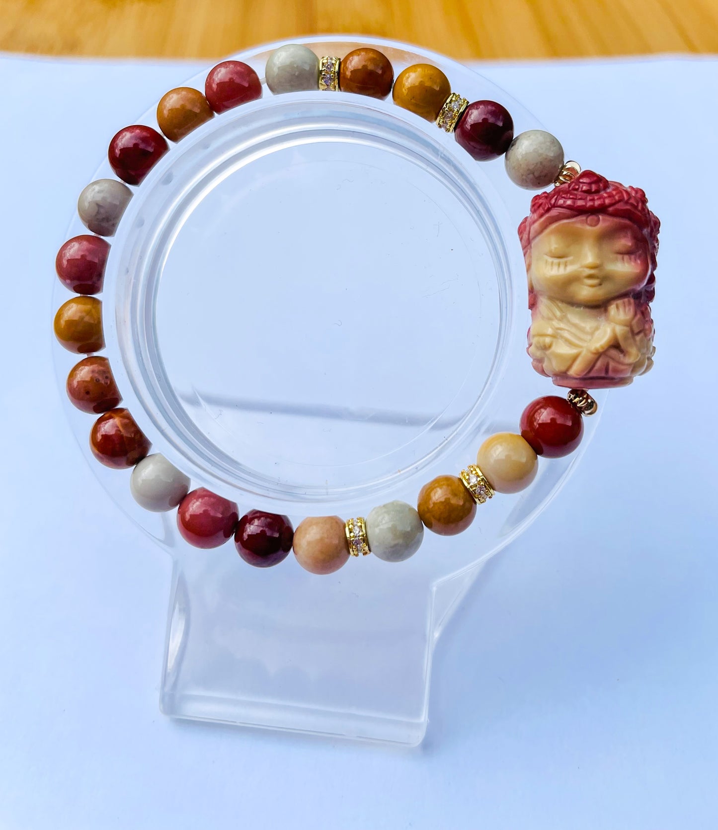 Natural Mooncake Alashan Agate Goddess Crystal Carving Beaded Stretch Adjustable Bracelet