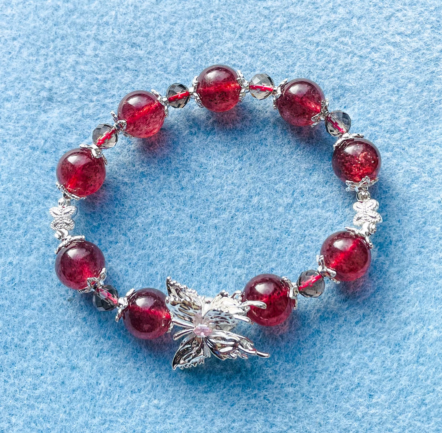 Natural Strawberry Quartz Crystal Silver Butterfly Bracelet