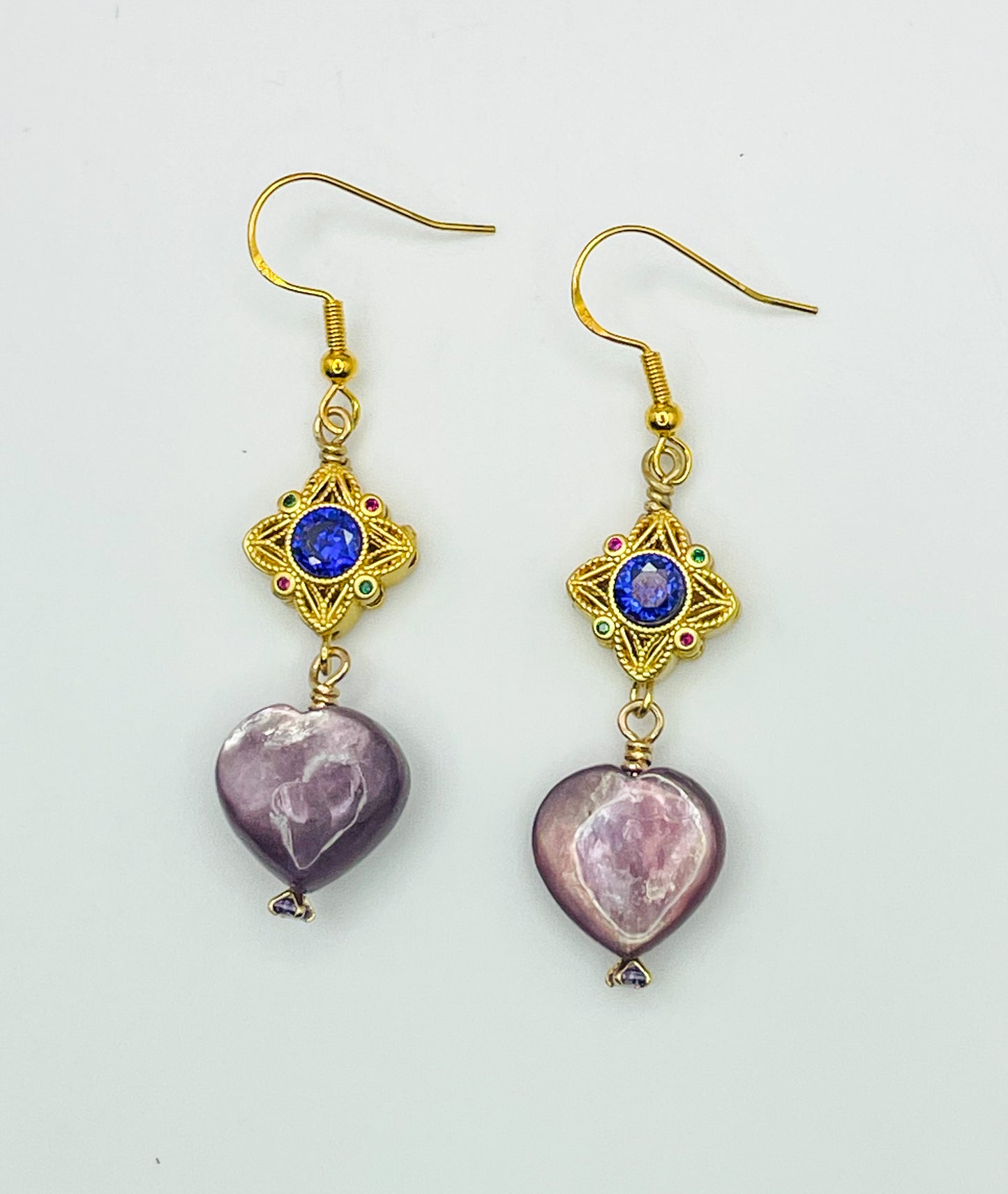 Natural Lepidolite Heart Gold Earrings