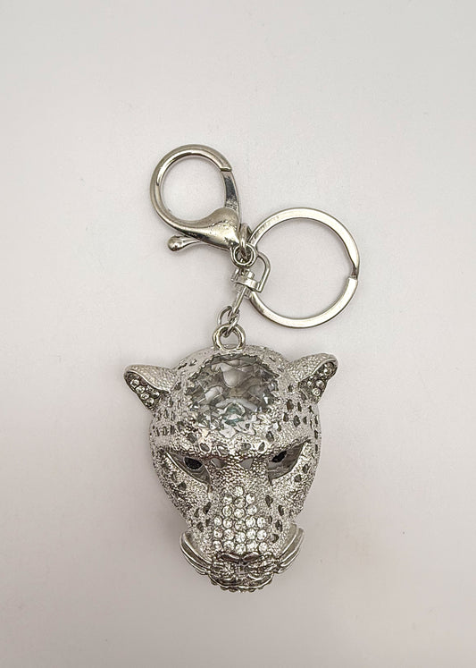 Silver Leopard Head with Huge Zircon on top of head Keychain